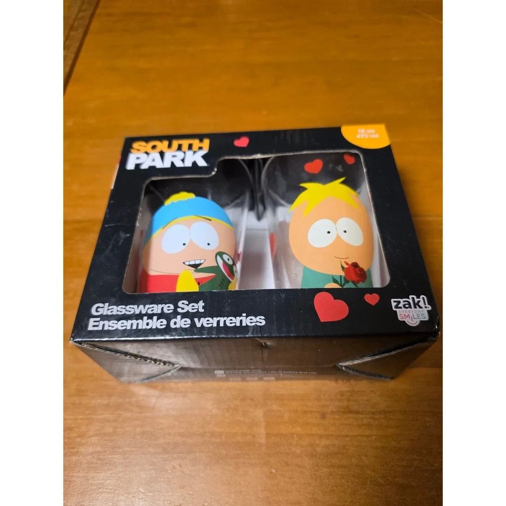 South Park Zak! Glassware Set 2pk 16oz Cartman Butters Valentine Hearts New